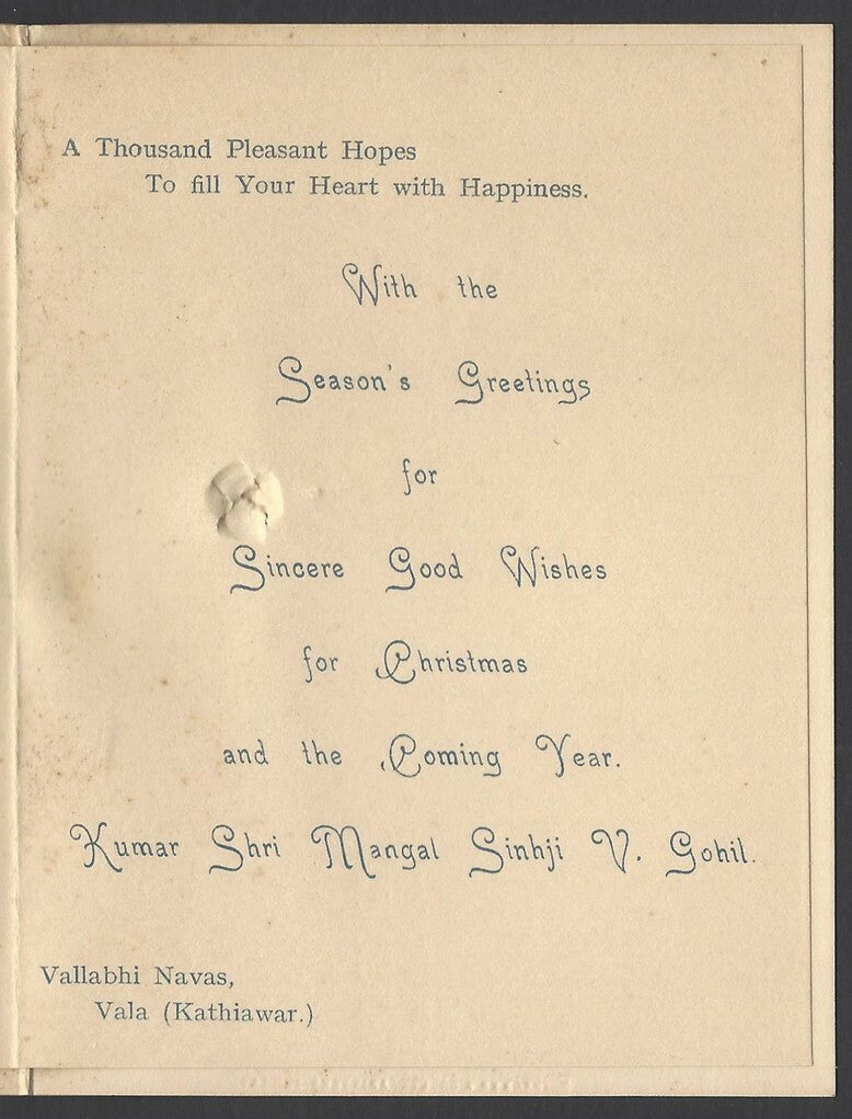 India 1930s crested New Year Greeting card from the Prince of Vala