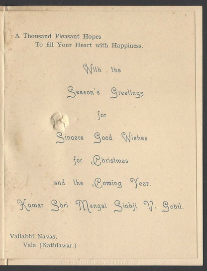 India 1930s crested New Year Greeting card from the Prince of Vala