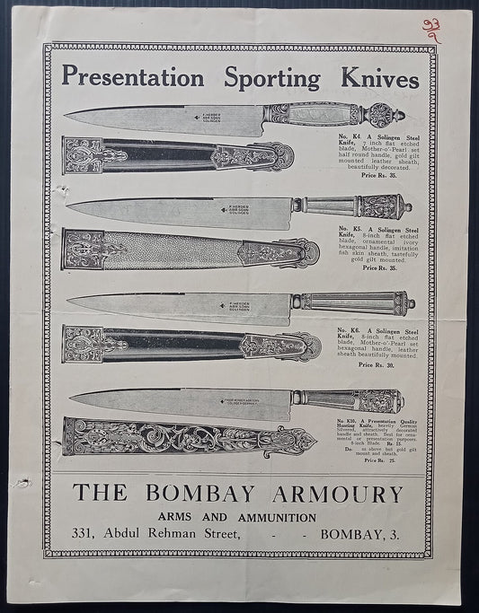 India 1920s illustrated price-list Sporting & Shokar THE BOMBAY ARMOURY