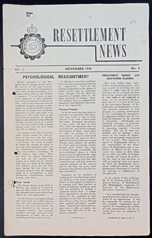India post WW2 1946 reconstruction newspaper RESETTLEMENT NEWS