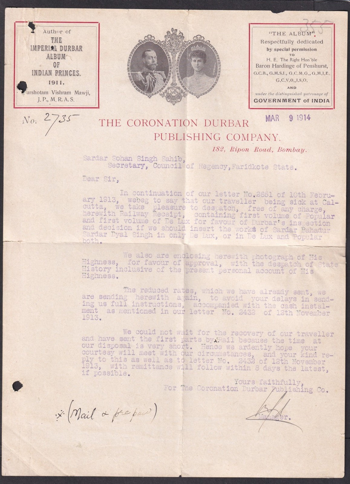 India 1914 THE CORONATION DURBAR PUBLISHING CO. illustrated letterhead