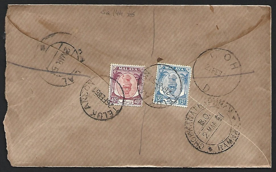 (AOP) Malaya PERAK 1950 40c on registered cover Teluk Anson to India