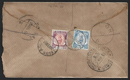 (AOP) Malaya PERAK 1950 40c on registered cover Teluk Anson to India