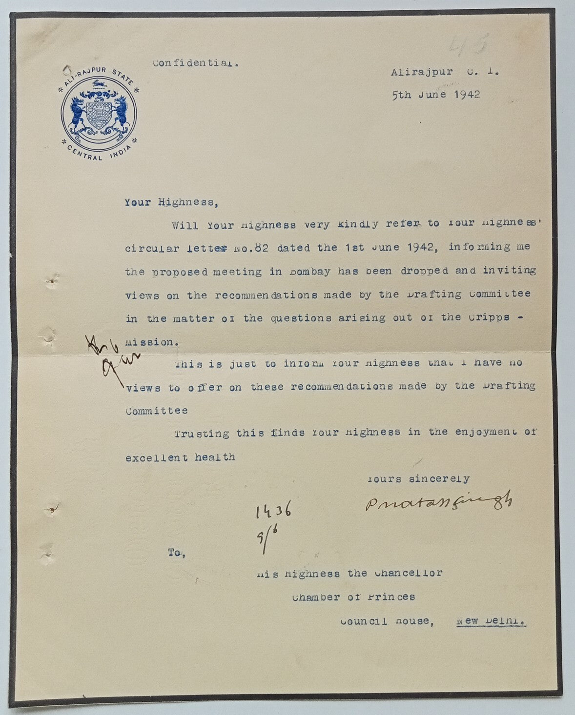 ALIRAJPUR CI India 1942 crested mourning letter signed Raja Regent Pratap Singh