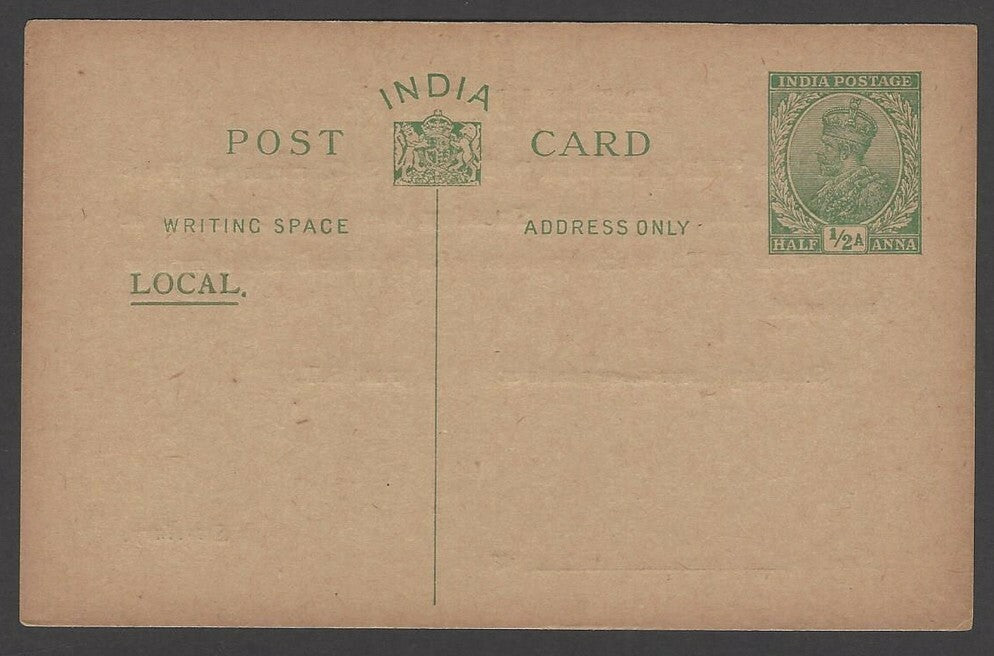 India KGV 1/2a postcard with LOCAL & message in exact stamp colour unused PTPO?
