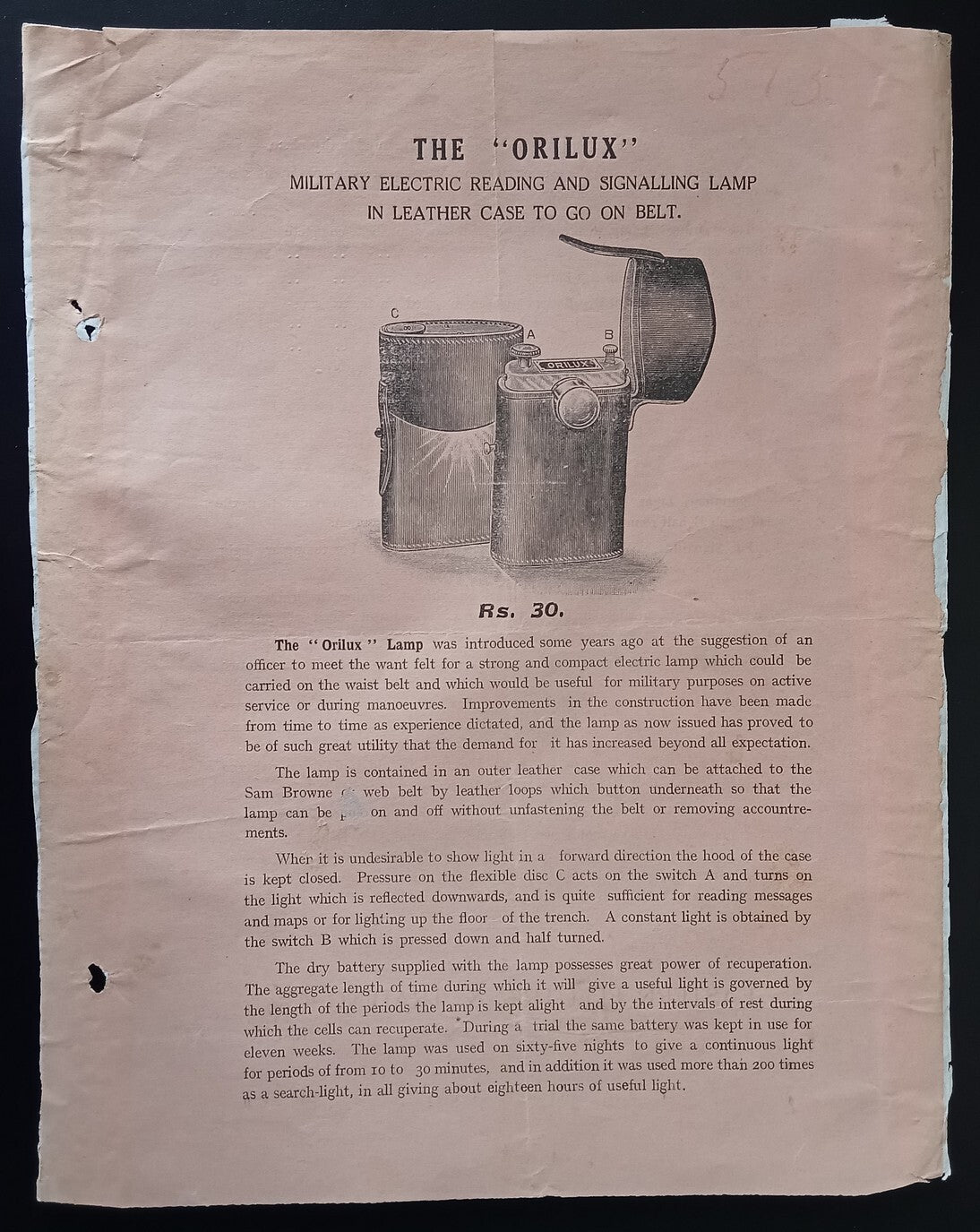 India 1940sTHE ORILUX Military Reading & Signalling Lamp advertisement leaflet