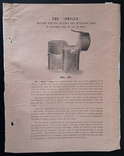 India 1940sTHE ORILUX Military Reading & Signalling Lamp advertisement leaflet