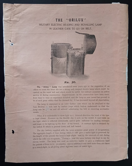 India 1940sTHE ORILUX Military Reading & Signalling Lamp advertisement leaflet