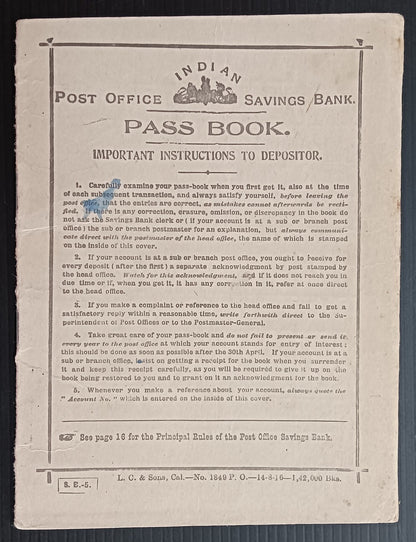 India Post Office Savings Bank PASS BOOK & envelope