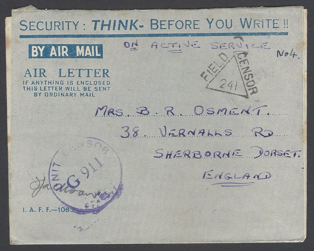 AOP India WW2 IAFF H.M. FORCES air letter with 2 censor to UK 1945