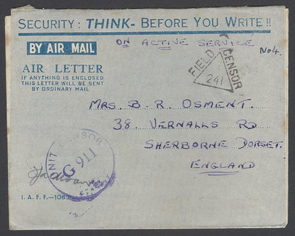 AOP India WW2 IAFF H.M. FORCES air letter with 2 censor to UK 1945