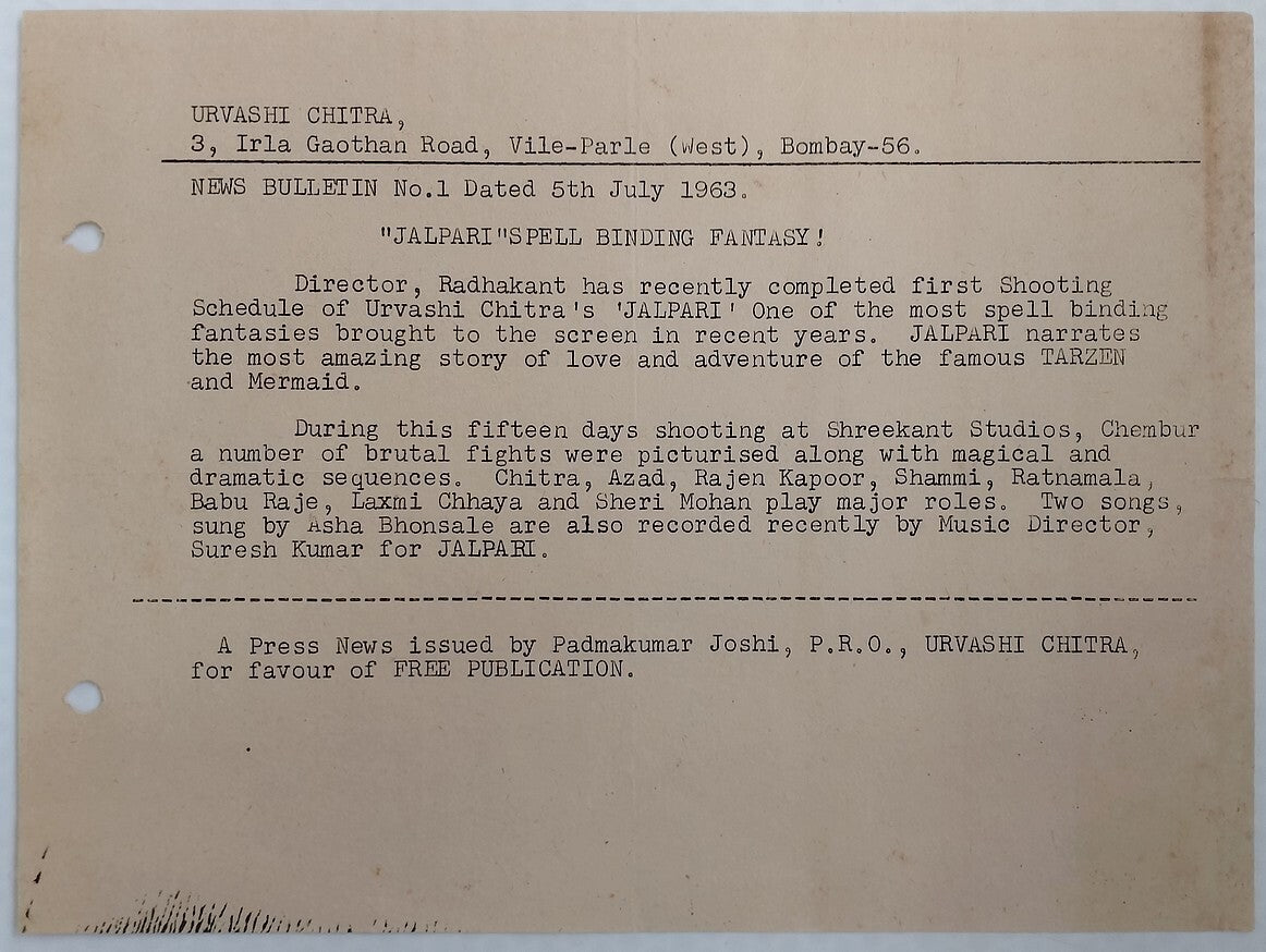 (AOP) India Bollywood 1963 press release for the movie JALPARI