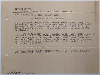 (AOP) India Bollywood 1963 press release for the movie JALPARI