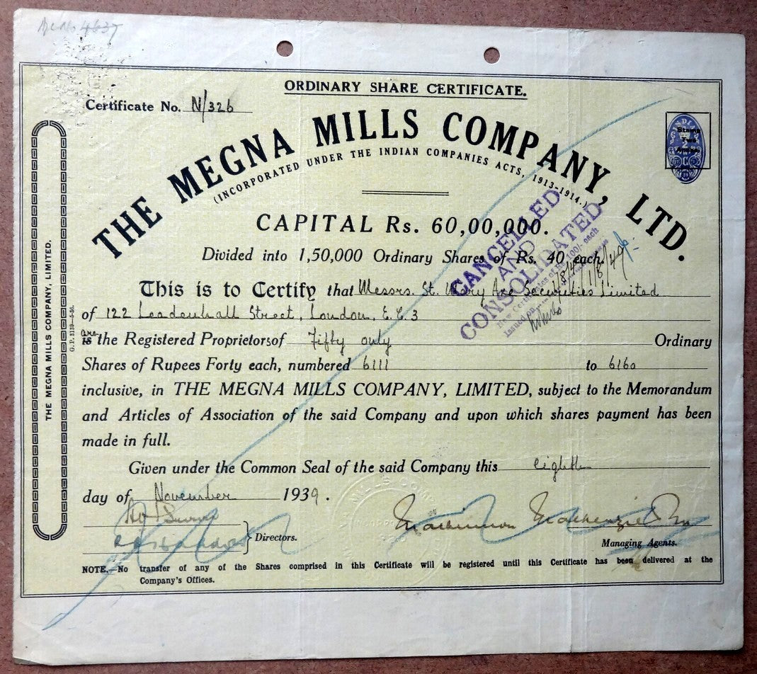 India 1939 The Megna Mills Company, Ltd. share certificate