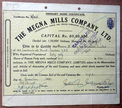 India 1939 The Megna Mills Company, Ltd. share certificate