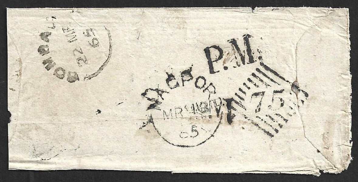 AOP India 1865 stampless cover canc duplex Type 4 NAGPORE 75 & P.M.