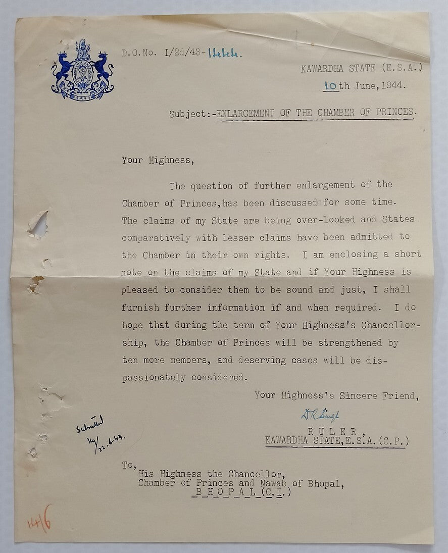 KAWARDHA STATE India 1944 crested letter signed Raja Dharamraj Singh