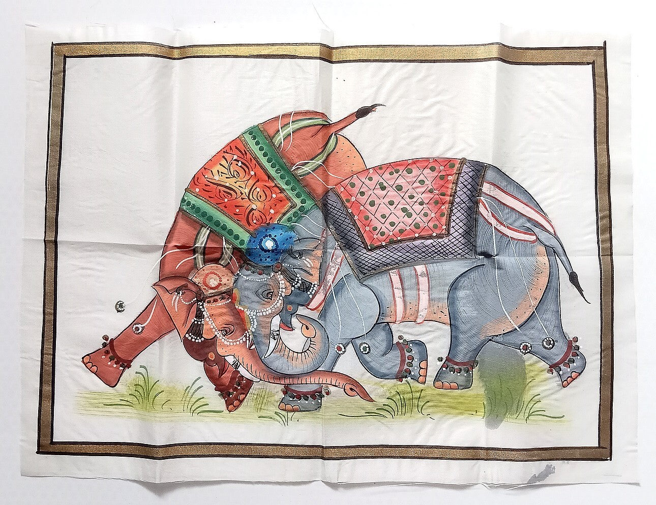 India vintage hand painting on cloth ELEPHANT FIGHT 9 x 13 inches