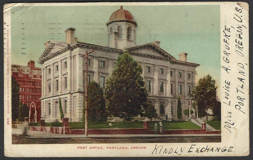 Post Office Portland Oregon UB color postcard used 1904 to Porbandar India