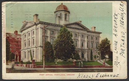 Post Office Portland Oregon UB color postcard used 1904 to Porbandar India