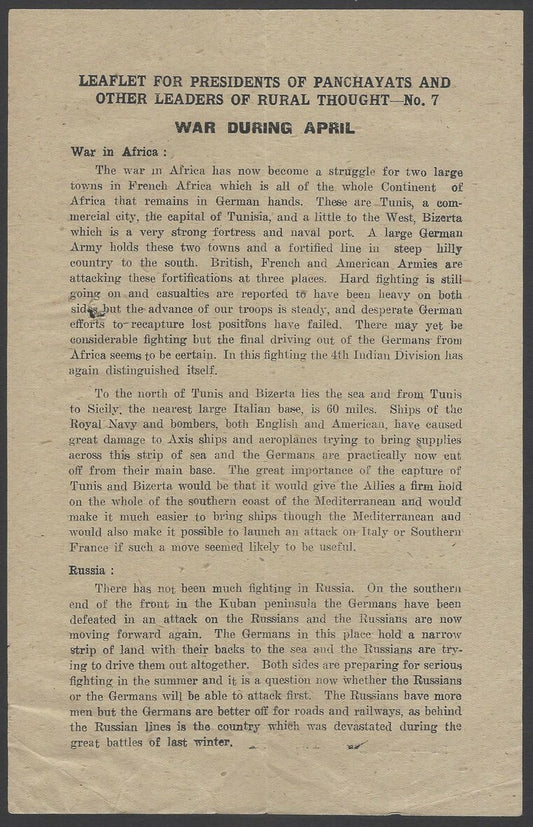 India 1943 WW2 National War Front Propaganda Leaflet for Presidents of Panchayat