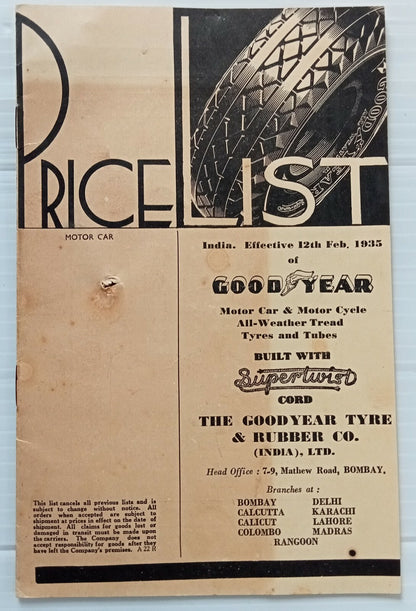 AOP india Feb 1935 GOODYEAR India Tyres Price List 