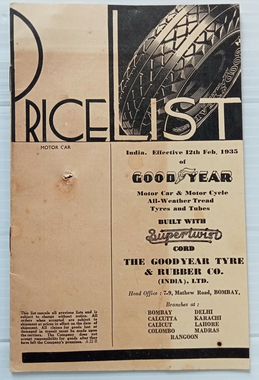 AOP india Feb 1935 GOODYEAR India Tyres Price List 