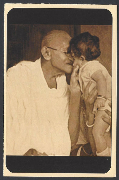 AOP India full back pictorial 50p Gandhi postal card GANDHI and a baby 
