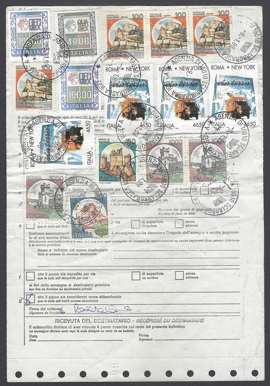 AOP Italy #2076 (4) Via Terra 4650L, etc. on parcel card to India