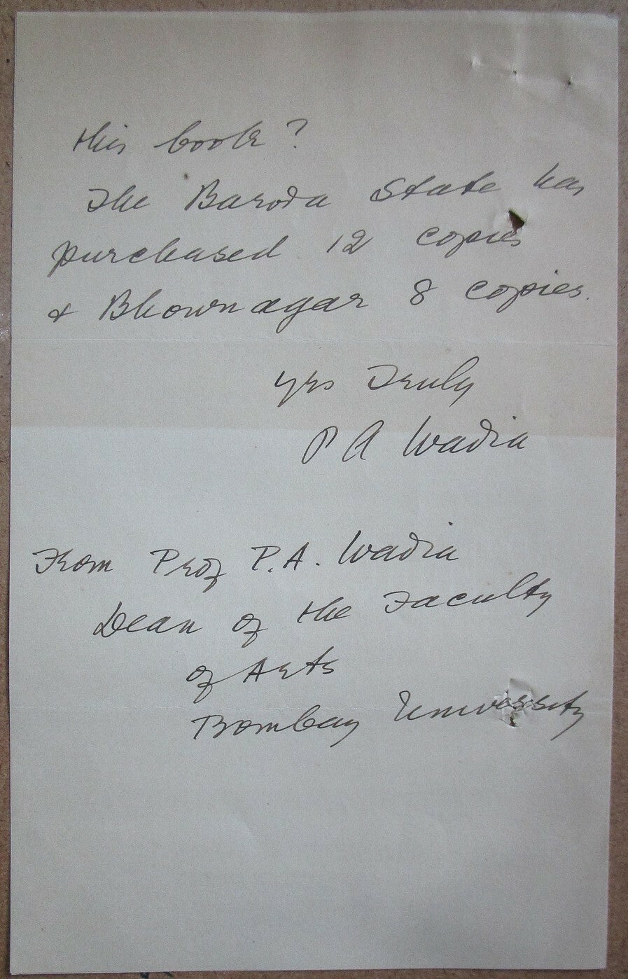 India 1926 letter signed author Pestonji Ardeshir Wadia + book ad