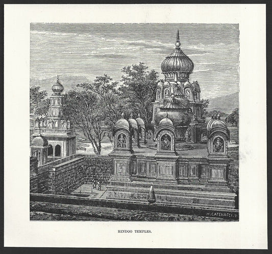 India HINDOO TEMPLES engraved print ex libris Rousslet 1876 6.5"x6"
