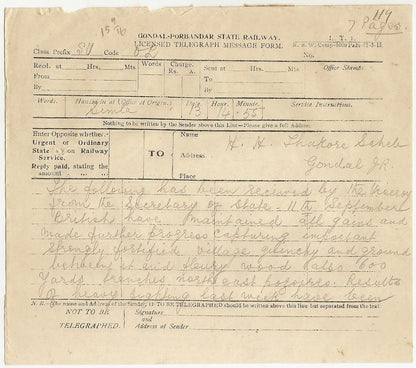India 1916  Gondal Porbandar Railway Telegram Viceroy to Raja Gondal 8 pages