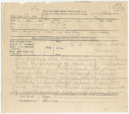 India 1916  Gondal Porbandar Railway Telegram Viceroy to Raja Gondal 8 pages