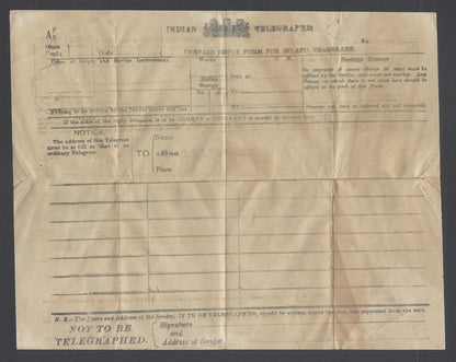 AOP India 1910 unused prepaid Reply Paid Telegram