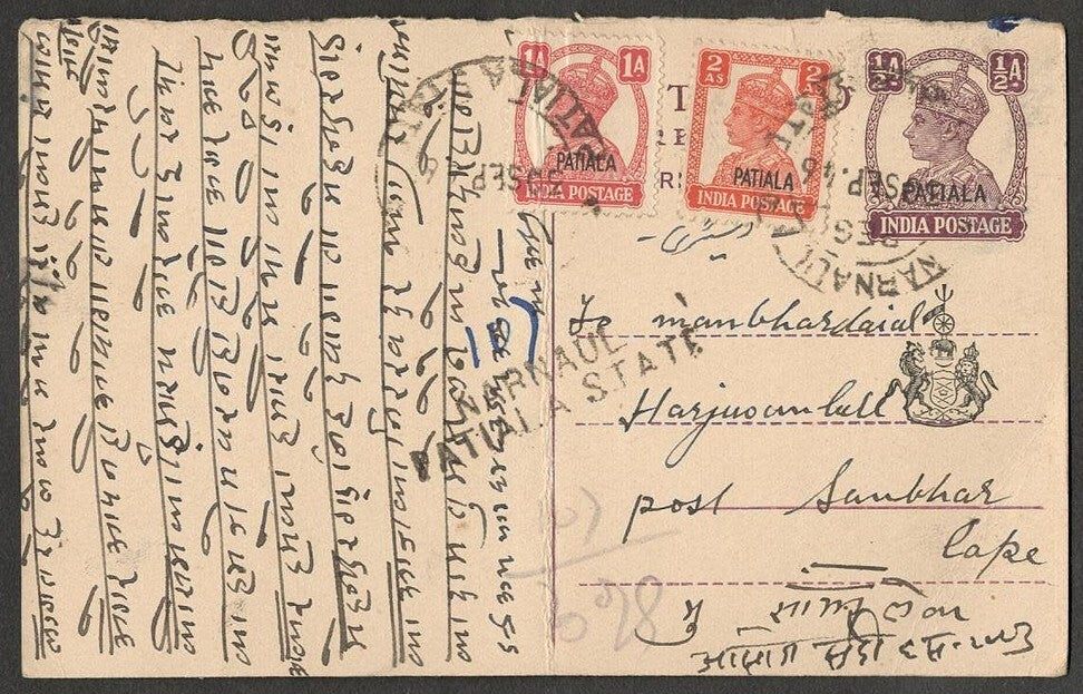 (AOP) India Patiala State KGVI registered postcard 1946