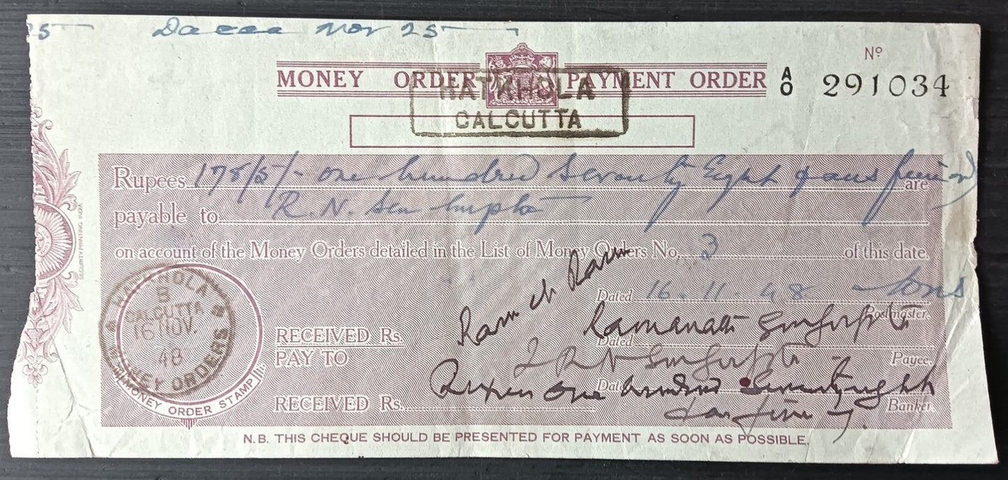 India 1948 Post Office MONEY ORDER / PAYMENT ORDER check cheque