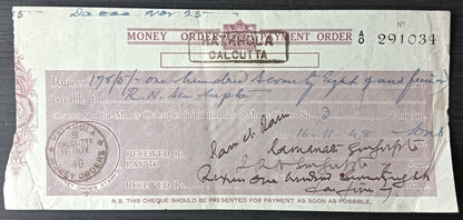 India 1948 Post Office MONEY ORDER / PAYMENT ORDER check cheque