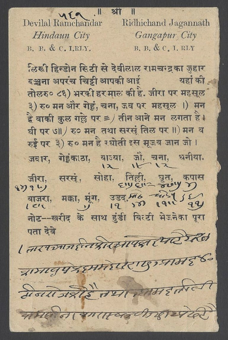 AOP India Jaipur State 1912-22 Chariot 1/4a olive used on postcard SG 24