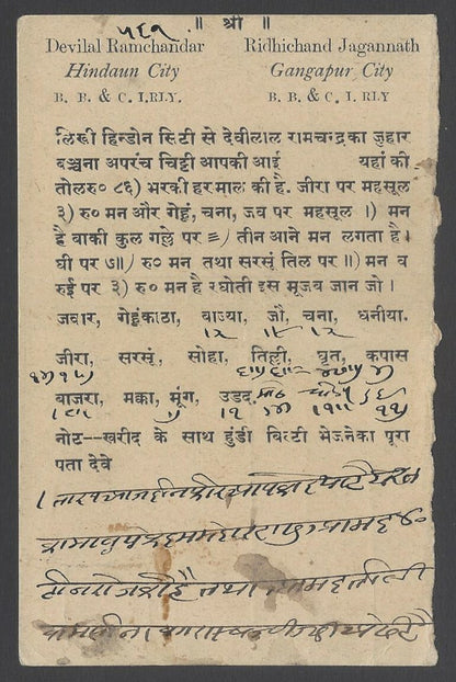 AOP India Jaipur State 1912-22 Chariot 1/4a olive used on postcard SG 24