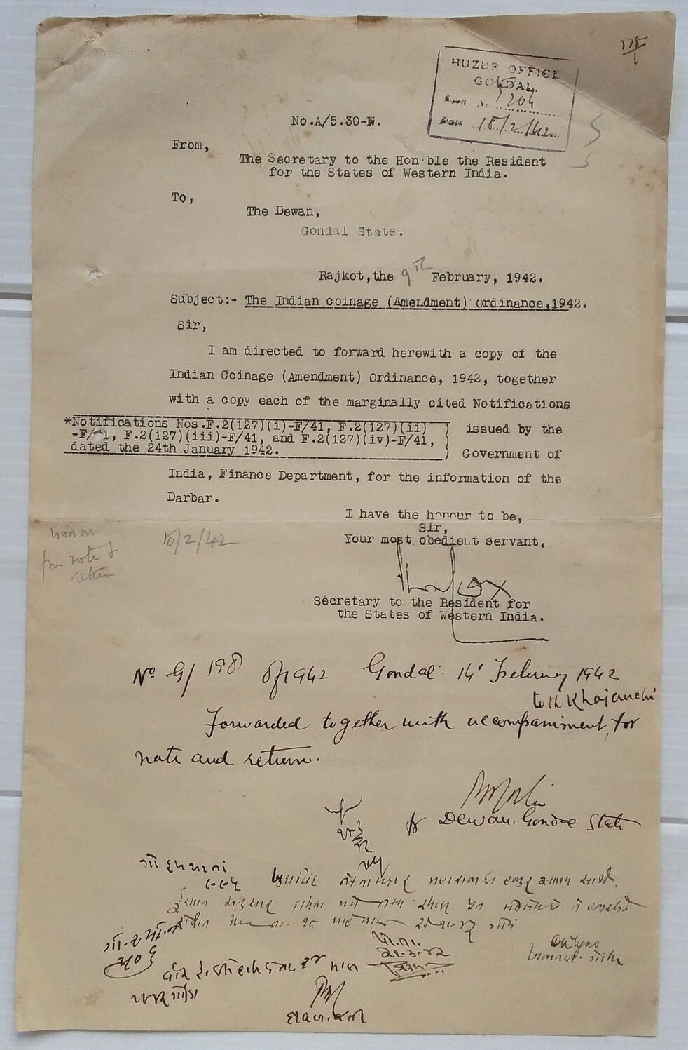India 1942 The Indian Coinage Amendment Ordinance