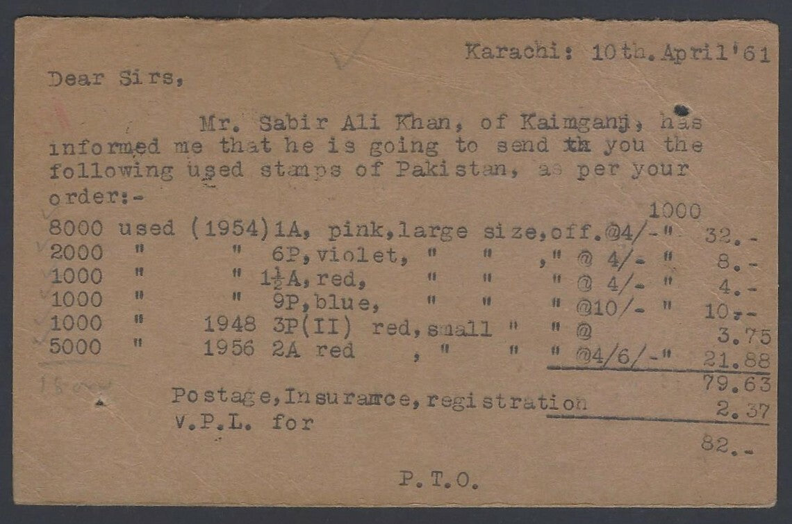 AOP Pakistan 1961 postal card to India uprated for airmail