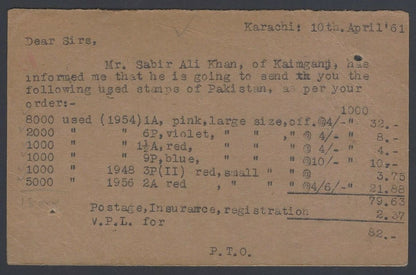 AOP Pakistan 1961 postal card to India uprated for airmail