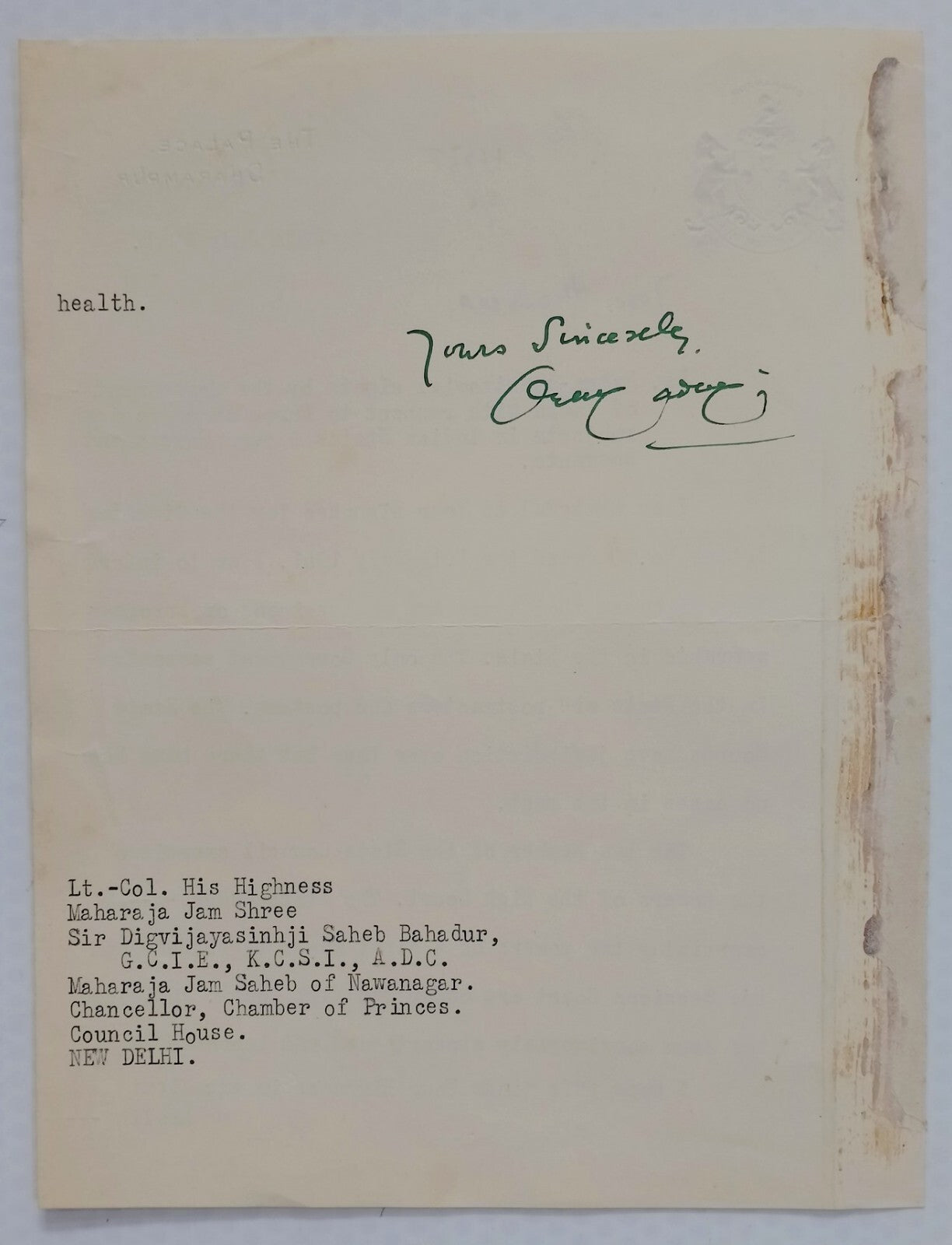 Dharampur State India 1941 crested later signed Maharaja Vijaidevji Motandevji