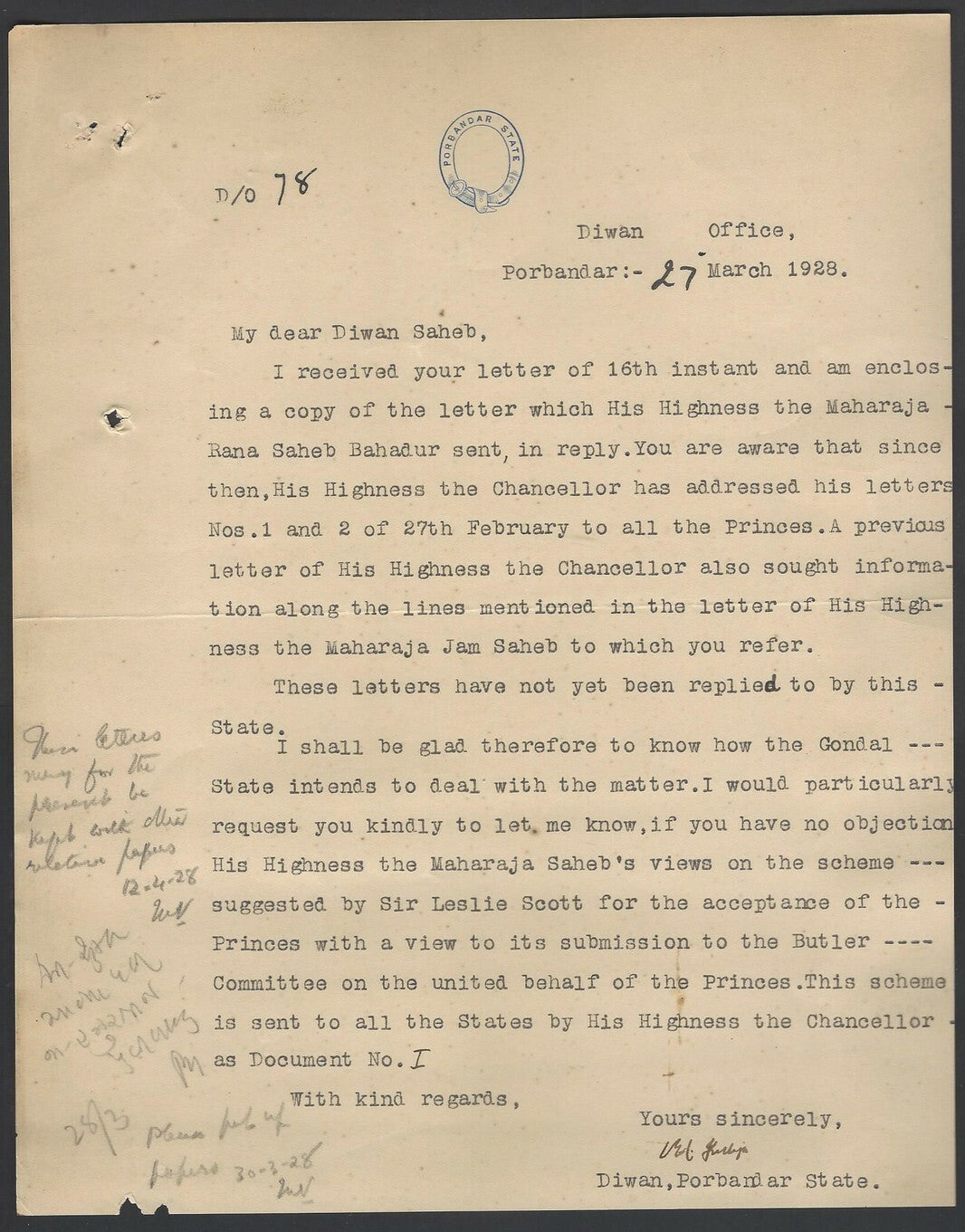India 1928 Porbandar State crested Letter