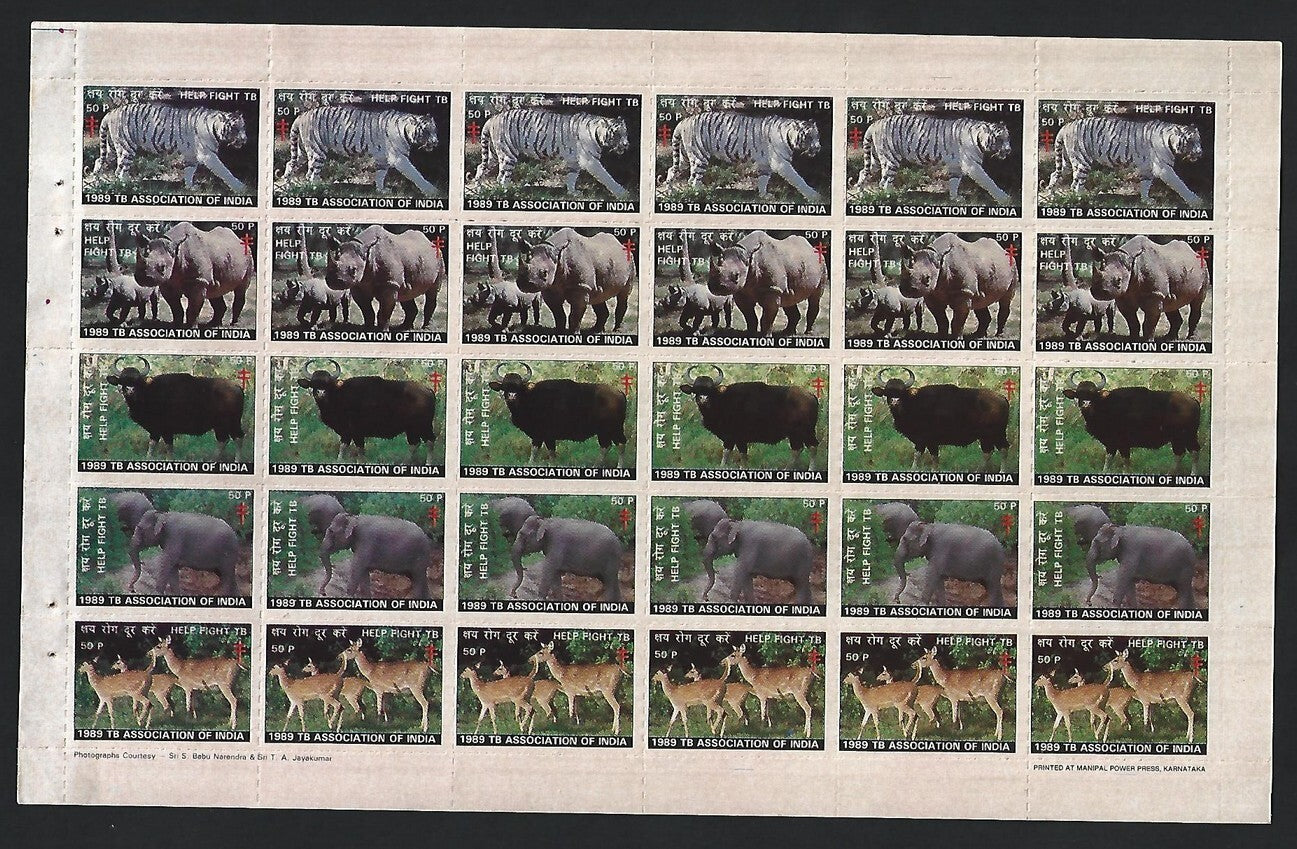 India 1989 Anti TB Tuberculosis sheet of 30 MNH ANIMALS