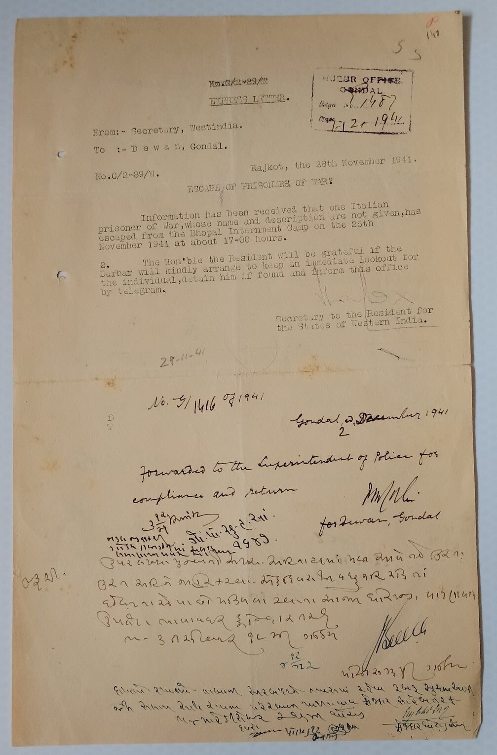 India WW2 1941 Official letter ESCAPE OF ITALIAN PRISONERS OF WAR Bhopal Camp
