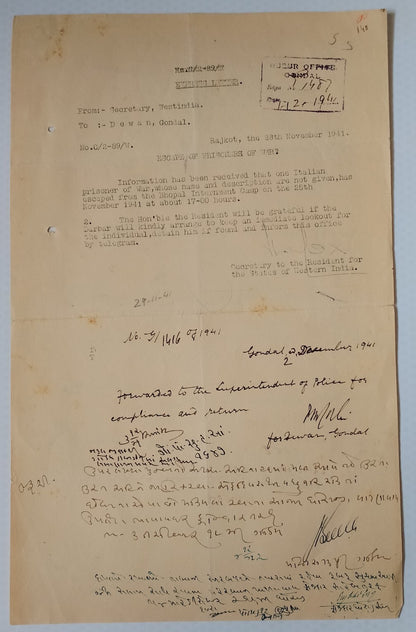 India WW2 1941 Official letter ESCAPE OF ITALIAN PRISONERS OF WAR Bhopal Camp