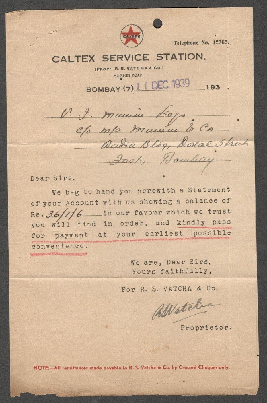 AOP India CALTEX SERVICE STATION (automobile), Bombay 1939 receipt