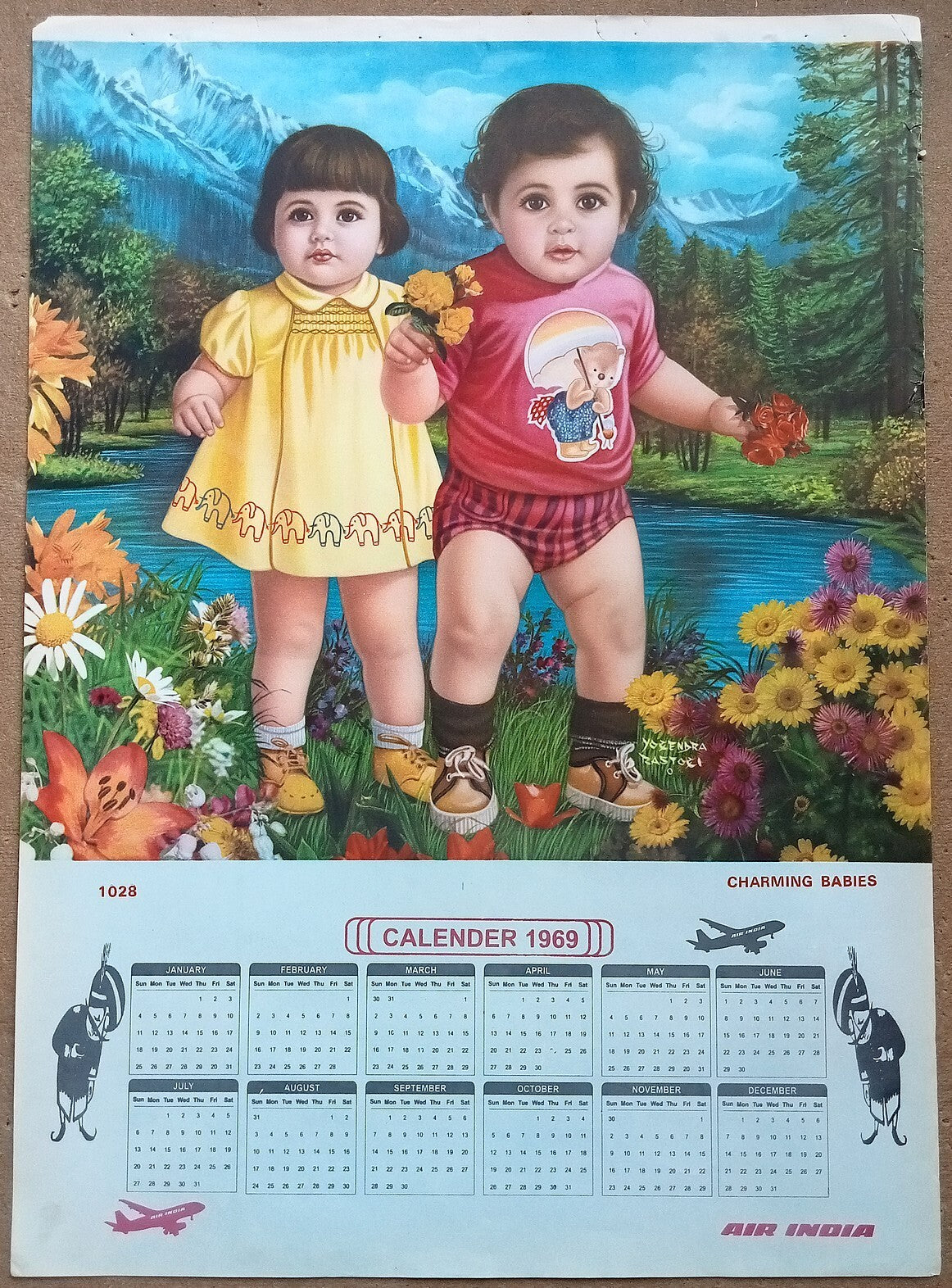 AIR INDIA 1969 poster calender 1028 - CHARMING BABY - ARTIST : YOGENDRA RASTOGI