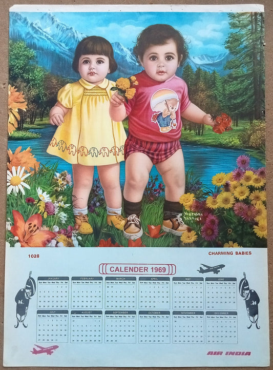 AIR INDIA 1969 poster calender 1028 - CHARMING BABY - ARTIST : YOGENDRA RASTOGI